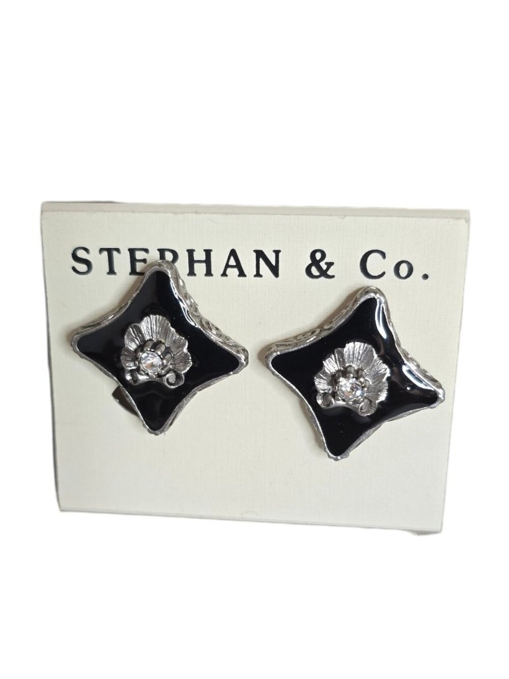 Stephan & Co Women's Classy Silver Tone Black Enamel Rhinestone Clip